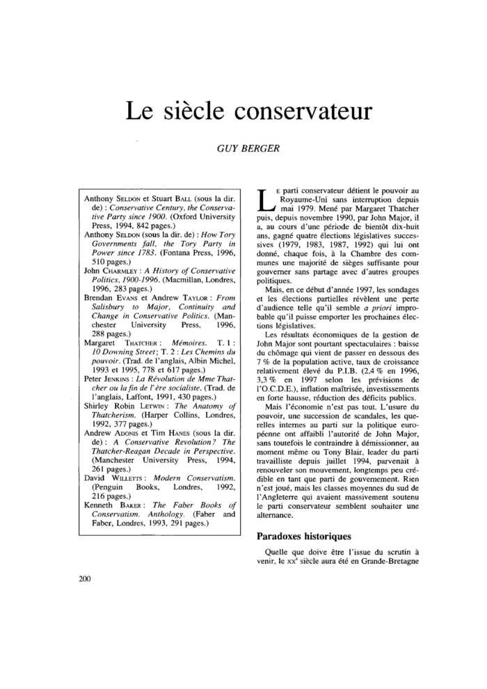 Le siècle conservateur Commentaire