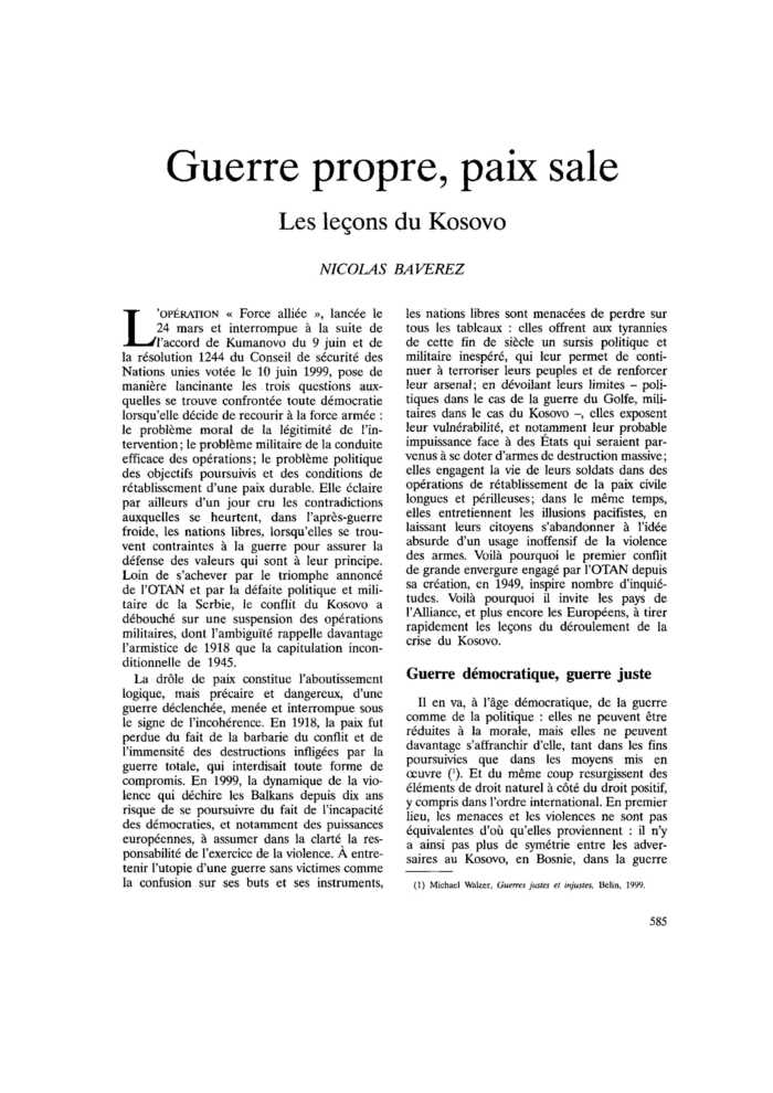 Guerre propre, paix sale les leçons du Kosovo Commentaire