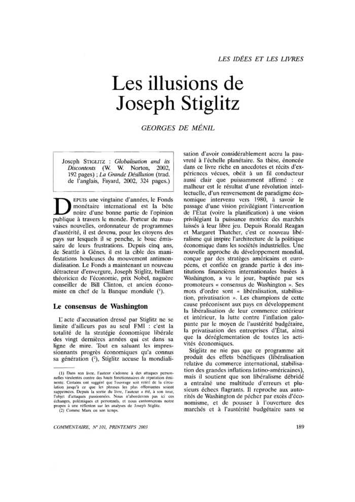 Les illusions de Joseph Stiglitz Commentaire