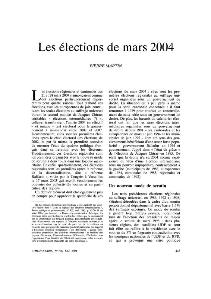 Les élections de mars 2004 Commentaire