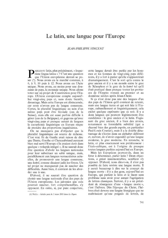 Le latin, une langue pour l'Europe Commentaire