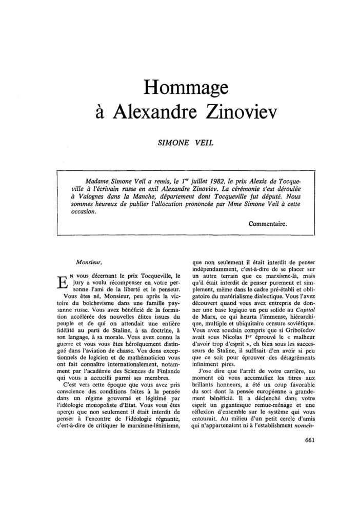 Hommage à Alexandre Zinoviev Commentaire