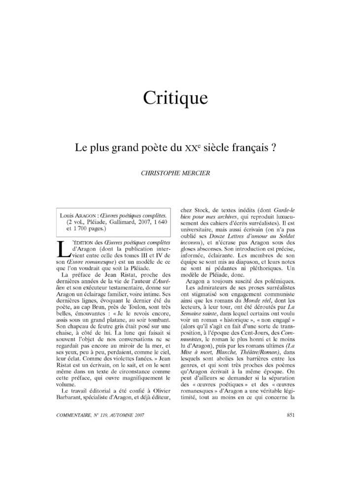 Le plus grand poète du XXe siècle français ? Commentaire