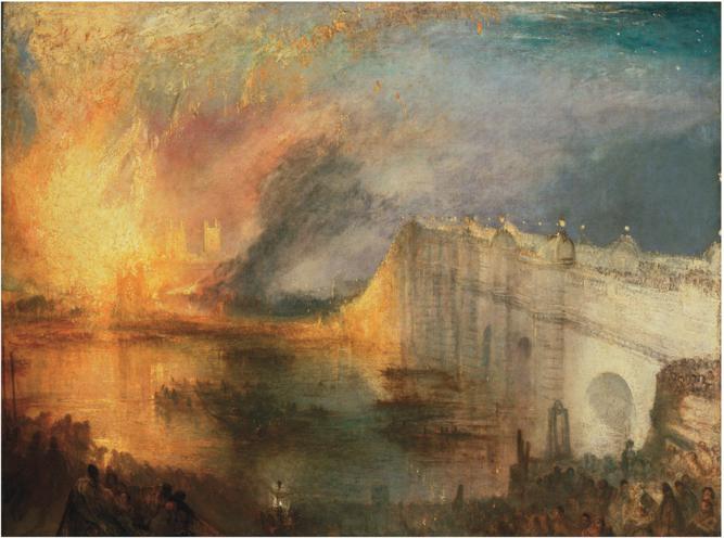 J. M. W. Turner, L’Incendie de la Chambre des Lords et des Communes, le 16 octobre 1834, 1835, huile sur toile, 92 x 123 cm, Philadelphia Museum of Art (États-Unis).